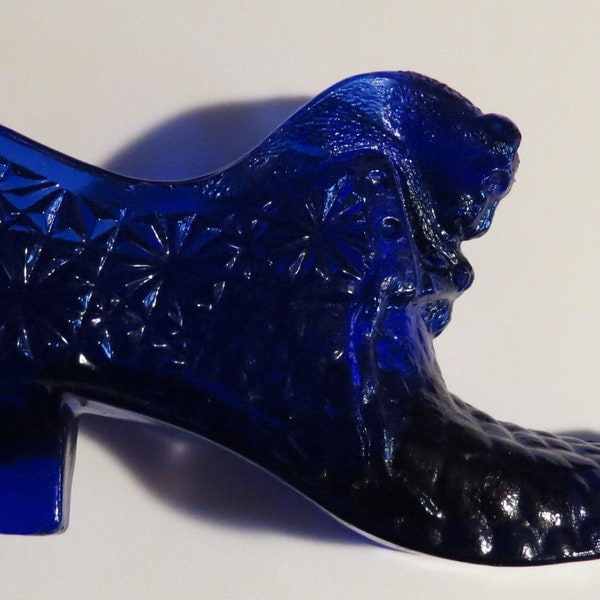Cobalt Pressed Glass Shoe with Cat