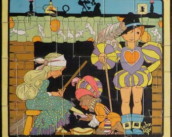 May include: A vintage children's puzzle depicting a scene from Cinderella. The puzzle features a young woman in a blue and white dress, a man in a purple and yellow costume, and a black character in a colorful hat and robe. The puzzle is titled "Cinderella" and is made of cardboard.