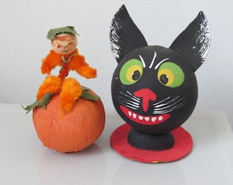 Vintage Halloween Pumpkin Man & Black Cat Candy Containers