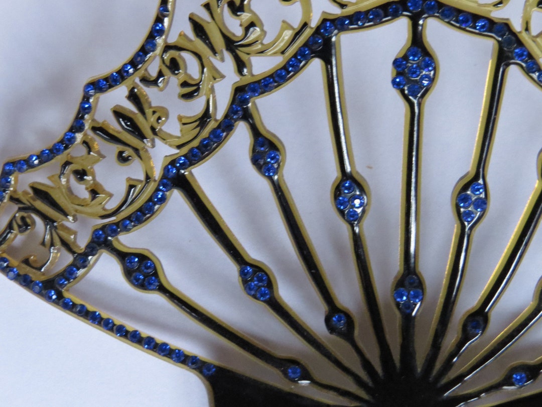 Large Antique Celluloid Hair Comb Studded With Cobalt Blue  display picture 3