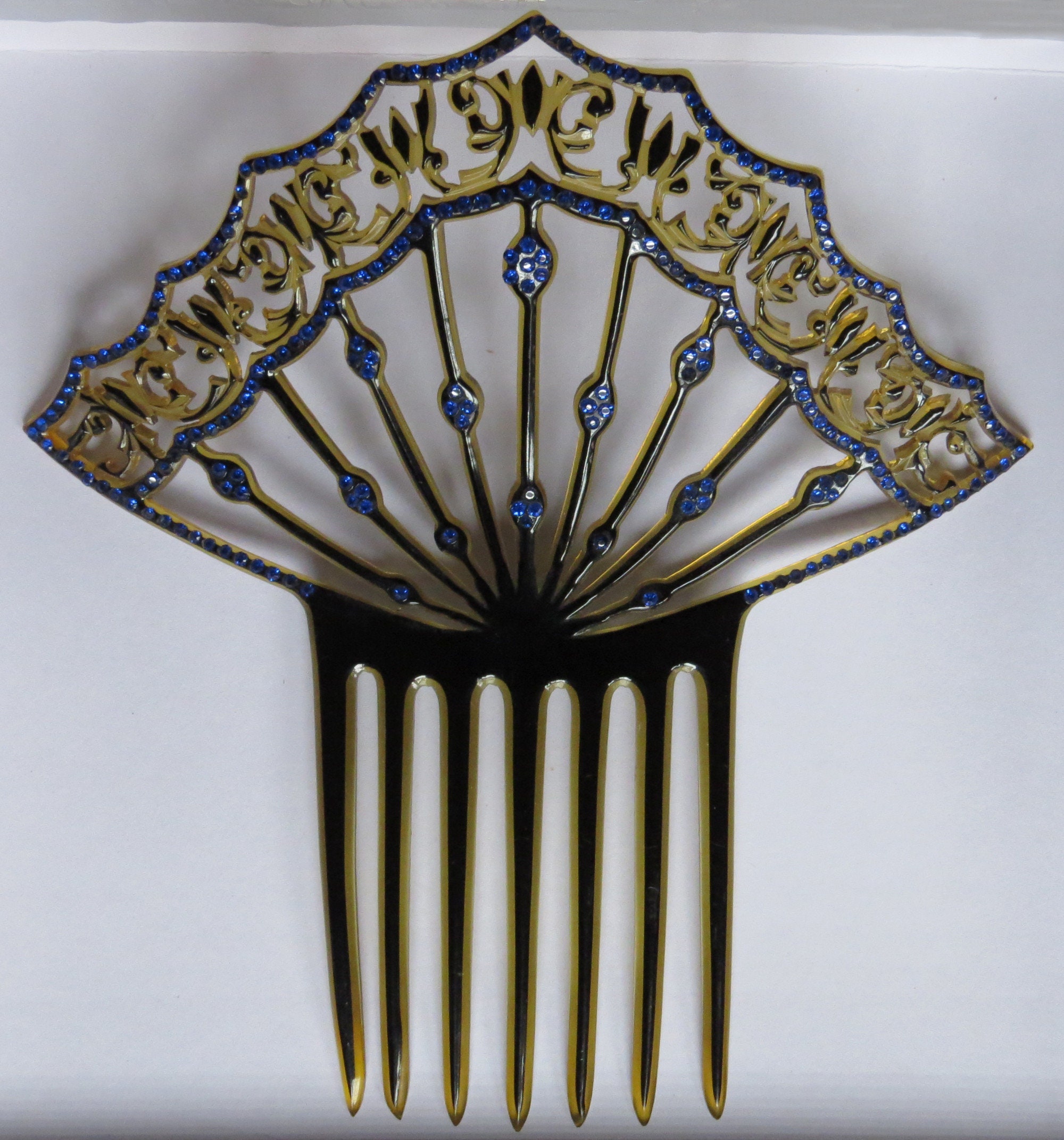 Large Antique Celluloid Hair Comb Studded With Cobalt Blue  display picture 1