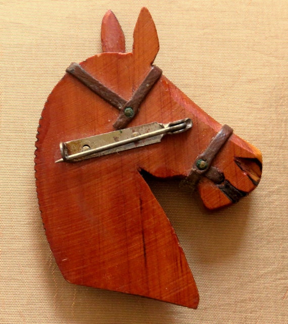 Vintage Wood and Leather Horse Head Pin - image 2