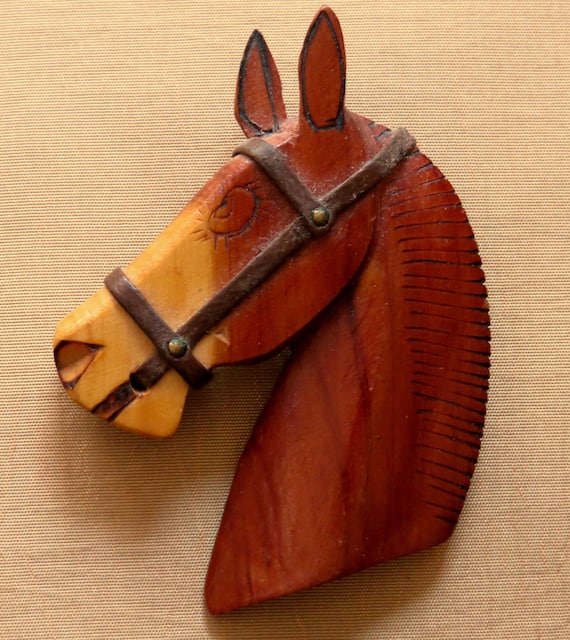 Vintage Wood and Leather Horse Head Pin - image 1