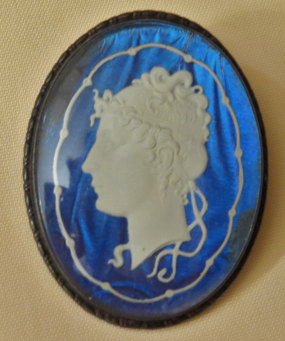 Antique Morpho Butterfly Wing Sulfide Portrait Pin - image 1