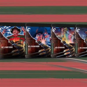 Può includere: Un set di sei dischi Blu-ray che presentano i primi sei film della saga horror "Nightmare on Elm Street". I dischi sono disposti orizzontalmente, con ogni disco che presenta un'immagine diversa dal film corrispondente. I dischi sono tutti neri con un bordo argentato e il titolo del film è stampato in bianco sul davanti di ogni disco.