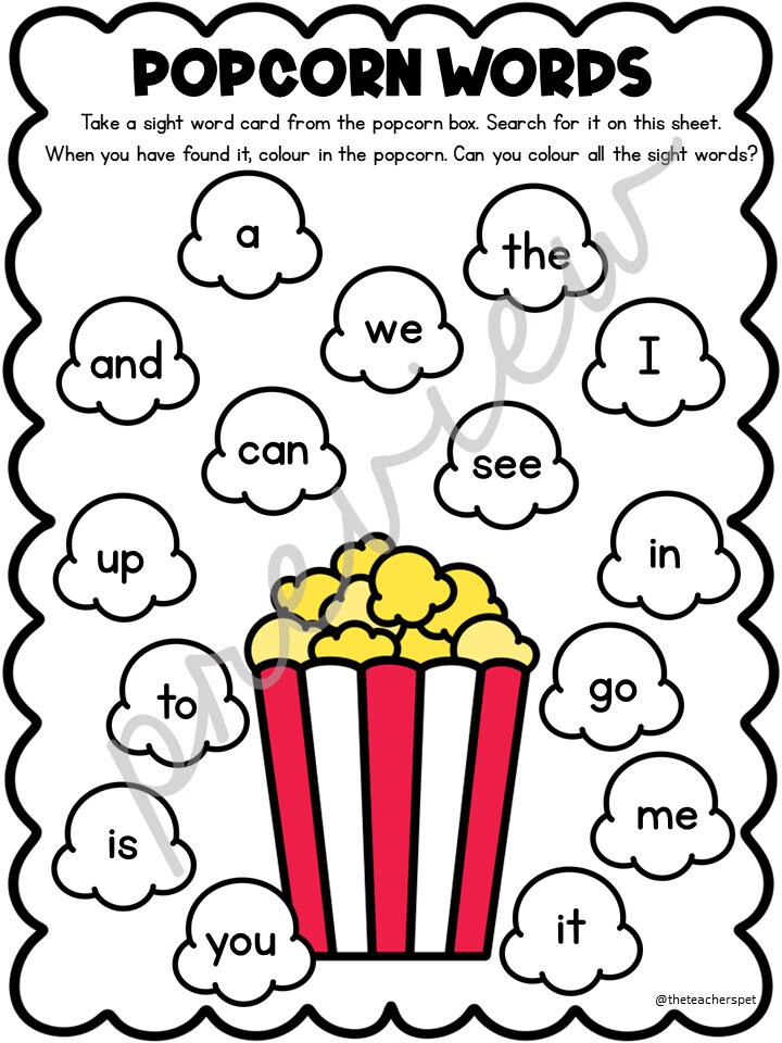 Kindergarten Sight Words Popcorn Sight Words Find and Colour Activity ...