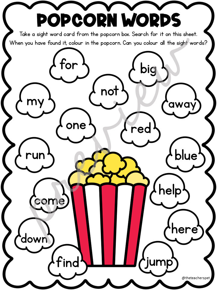Kindergarten Sight Words Popcorn Sight Words Find and Colour Activity ...
