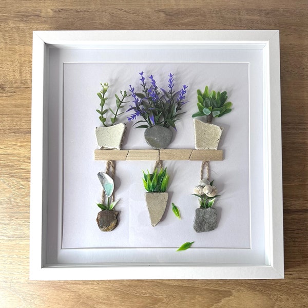 Plants on a shelf with hanging baskets original wall art picture made with Sea glass, shells, pottery, sand and pebbles, handpicked NC500