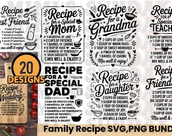 Pacote SVG com 20 designs grátis de receitas de família, tábua de corte