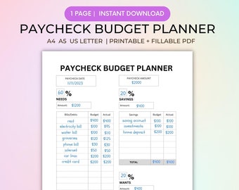 Paycheck Budget Planner, Fillable + Printable PDF, Paycheck Budget Template, Paycheck Budget Tracker, Budget by Paycheck, Digital Download