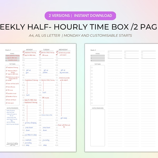 Half Hour and Customizable Weekly Timebox Planner, Printable, Customizable planner, Time Blocking Template, To-Do List Planner