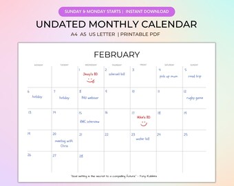 Undated Monthly Planner Printable with motivational quotes, Month At a Glance, Monthly Calendar PDF, Sunday/Monday Start, Digital Download