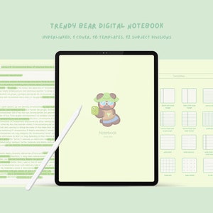 Green Trendy Bear Digital Notebook| Hyperlinked Goodnotes Notebook| Notetaking Templates | Cute Minimalist  |Digital Notebook| CalicosStudio