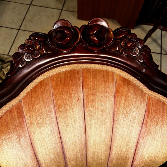 Buy PAIR Pelham Shell Leckie Vintage Victorian Style His Her Mahogany Floral Crest Trim Tufted Back Parlor Chair Rose Crushed Velvet 1950s Ish Online in India Etsy