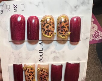 Burgundy Cateye and Leopard Press On Nails