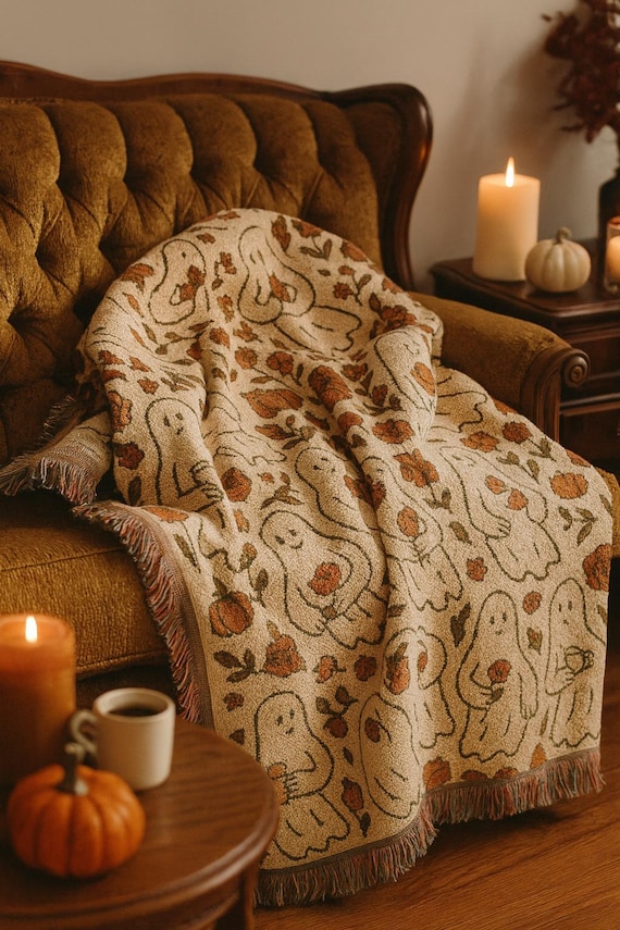 Halloween Throw Blanket, Cute Ghost having Coffee Woven Blanket, Cozy Boho Fall Home Décor Tapestry, Autumn Bookish Reading Blanket, Booktok