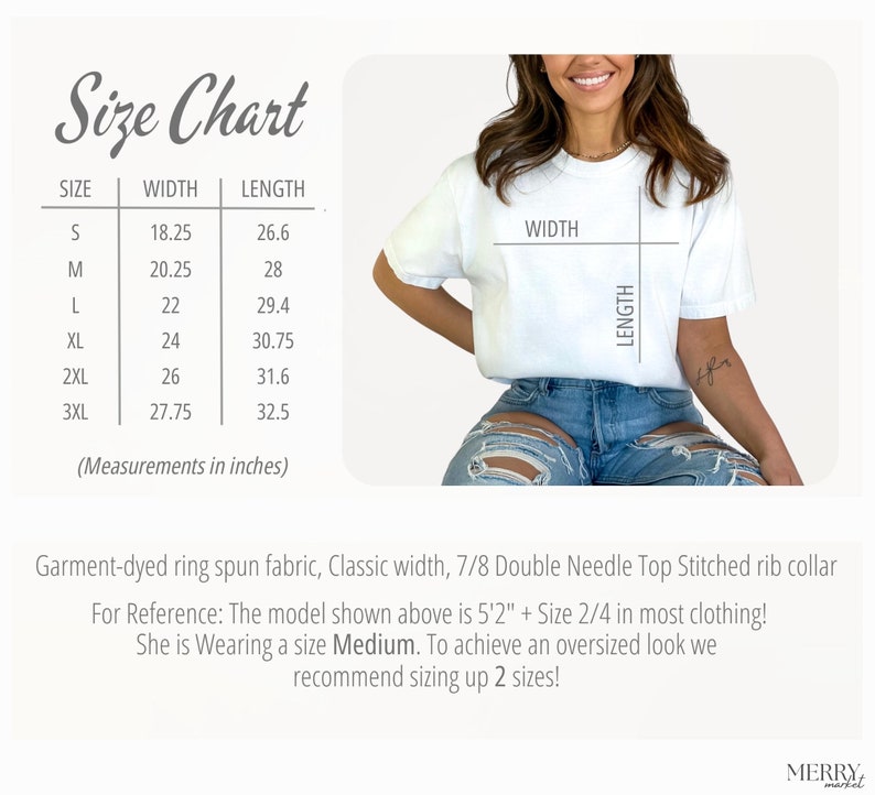 May include: Size chart for a white t-shirt with measurements in inches. The chart shows the width and length of the shirt in sizes S, M, L, XL, 2XL, and 3XL. The model is wearing a size Medium.