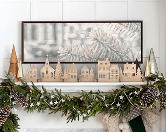 Kerstdorpset | Winterdorpsscène | Houten kersthuizen | Schoorsteendecoraties | Decor van de open haard voor de feestdagen | Scandinavische inrichting