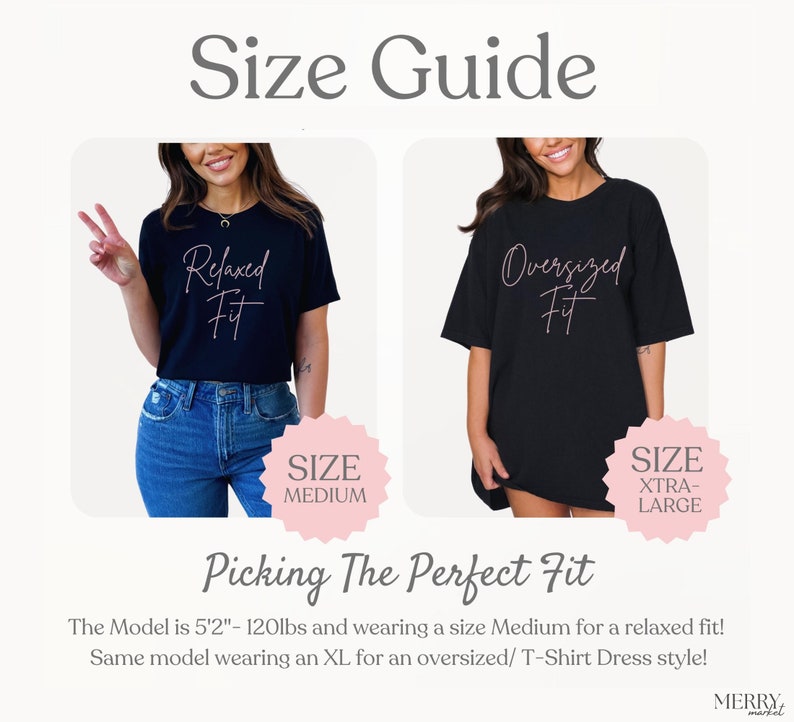 May include: Two women modeling a black t-shirt in two different fits. The woman on the left is wearing a size medium for a relaxed fit. The woman on the right is wearing a size extra large for an oversized fit. The text "Relaxed Fit" and "Oversized Fit" is printed on the shirts in pink.