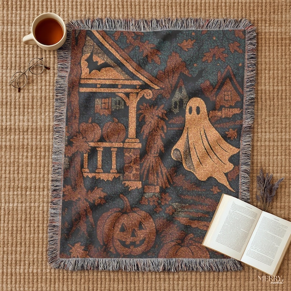 Halloween Throw Blanket,Cute Woven Ghost Blanket,Jack O’Lanterns & Spooky Cozy Fall Decor,Autumn Ghost Tapestry,Fall Pumpkin Blanket Gift