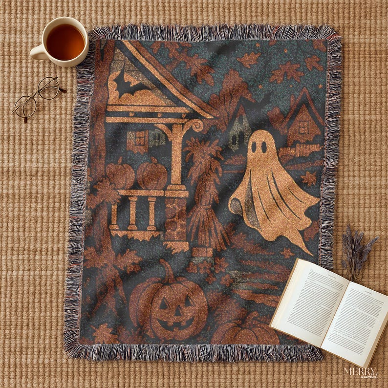 May include: A woven Halloween throw blanket with a dark teal background and a repeating pattern of pumpkins, a ghost, and a haunted house. The blanket has a fringed edge and is made of a soft, comfortable material.