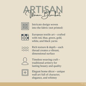May include: Text on a beige background describes an artisan woven blanket. The text highlights the intricate design woven into the fabric, European textile art with red, blue, green, gold, white, and black yarns, and rich texture.