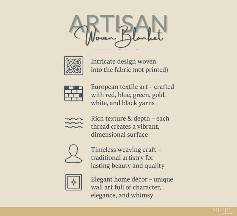 May include: Text on a beige background describes an artisan woven blanket. The text highlights the intricate design woven into the fabric, European textile art with red, blue, green, gold, white, and black yarns, and rich texture.
