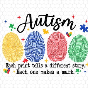 May include: A graphic design with the word "Autism" in black text. Four colorful fingerprints are arranged in a row below the word. The fingerprints are yellow, blue, red, and green. The text "Each print tells a different story. Each one makes a mark." is below the fingerprints.