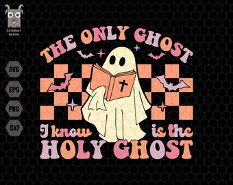 The Only Ghost Svg, I Know Is The Holy Ghost Svg, Retro Halloween Svg, Cute Ghost Svg, Ghost Reading The Bible Svg,Checkered, Trick Or Treat