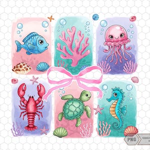 May include: A set of six digital illustrations featuring various sea creatures. The illustrations are in a watercolor style and feature a blue fish, a red crab, a green sea turtle, a blue seahorse, a pink jellyfish, and a coral reef. The illustrations are perfect for use in scrapbooking, card making, or other craft projects.