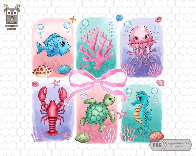 May include: A set of six digital illustrations featuring various sea creatures. The illustrations are in a watercolor style and feature a blue fish, a red crab, a green sea turtle, a blue seahorse, a pink jellyfish, and a coral reef. The illustrations are perfect for use in scrapbooking, card making, or other craft projects.