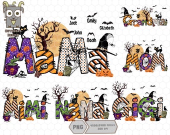 Custom Halloween Nana Png, Grandma Png, Mimi Png, Personalized Mama Png, Grandma and Kidnames, Halloween Png, Sublimation Design