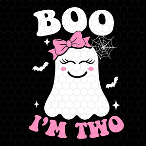 May include: A white ghost with a pink bow and eyelashes says "Boo I'm Two" on a black background with a white honeycomb pattern.