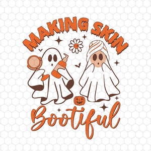 May include: A retro-style graphic with the text "MAKING SKIN Bootiful" in orange. Two ghost figures are depicted, one holding a makeup compact and the other with a towel on its head. Additional elements include a daisy, stars, a pumpkin, and bats.