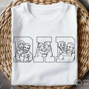 May include: White t-shirt featuring the word "DAD" in bold, block letters. Each letter contains a black and white illustration of a father with his child. The shirt is made of a soft material and is perfect for Father's Day.