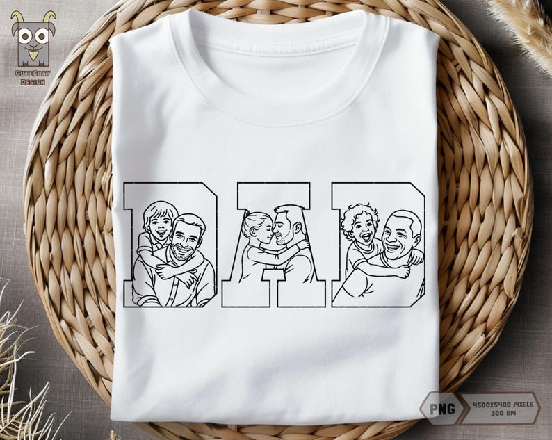 May include: White t-shirt featuring the word "DAD" in bold, block letters. Each letter contains a black and white illustration of a father with his child. The shirt is made of a soft material and is perfect for Father's Day.