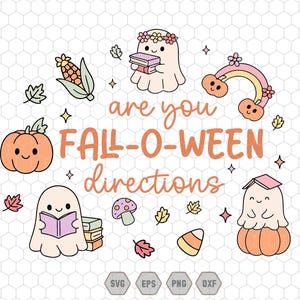 May include: A digital illustration with a Fall-O-Ween theme. The design features a pumpkin, corn, ghosts, a rainbow, and other fall-themed elements. The text "are you FALL-O-WEEN directions" is in the center.