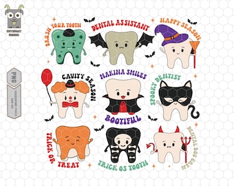 Op de afbeelding: Een digitaal grafisch ontwerp met negen cartoon-tandfiguren in Halloween-kostuums, waaronder een vleermuis, heks, clown, vampier, kat, skelet en duivel, met tekstfrasen zoals Brush Your Tooth, Cavity Season en Bootiful.