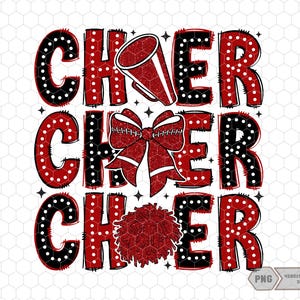 May include: Red and black graphic design with the word "Cheer" repeated three times. The graphic includes a cheerleader's pom-pom, a bow, and a megaphone.