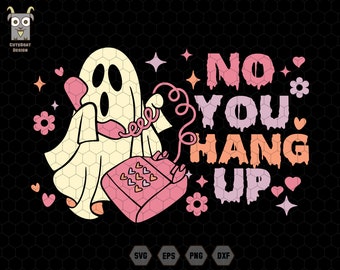 May include: A digital illustration featuring a cartoon ghost holding a pink telephone with the text "NO YOU HANG UP". The design includes stars, flowers, and hearts on a black background. The image has a retro, vintage aesthetic.