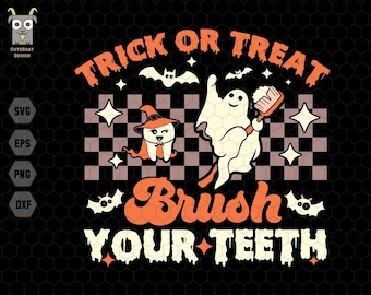 Truco o trato Cepille sus dientes Svg, Halloween Dentista Png, Retro Halloween Svg, Asistencia dental espeluznante, Higienista dental, Dentista pediátrico