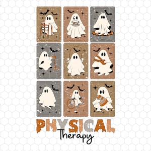 Puede incluir: Una cuadrícula de nueve tarjetas de estilo vintage con fantasmas de dibujos animados realizando actividades de fisioterapia. Cada tarjeta tiene un aspecto desgastado con murciélagos y estrellas. Las palabras "PHYSICAL Therapy" están en la parte inferior en naranja y gris.