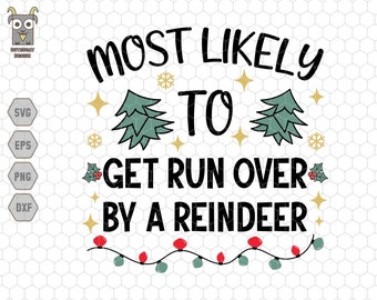 May include: A Christmas-themed graphic with the text "MOST LIKELY TO GET RUN OVER BY A REINDEER" in black, with Christmas tree and snowflake illustrations. A string of red and green lights is at the bottom.