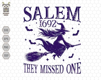 May include: A purple graphic featuring a witch on a broomstick, bats, and the words "Salem 1692" and "They Missed One." The design is suitable for Halloween-themed products.