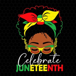 May include: A digital illustration of a Black woman with her eyes closed. She has a red, yellow, and green headband on her head and is wearing sunglasses. The text "Celebrate Juneteenth" is below her.
