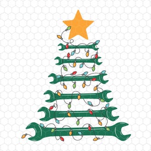 May include: A green Christmas tree made of wrenches with a yellow star on top and colorful lights strung around the wrenches.