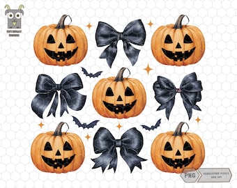 May include: A set of six digital illustrations featuring orange jack-o'-lantern pumpkins with black eyes, noses, and mouths, and black bows with a white ribbon in the center. The illustrations are set against a white background.