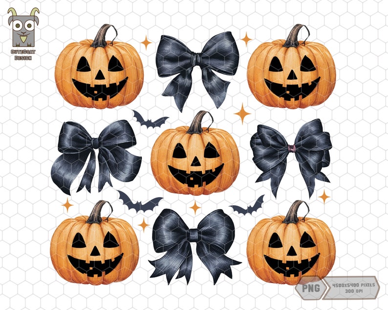 May include: A set of six digital illustrations featuring orange jack-o'-lantern pumpkins with black eyes, noses, and mouths, and black bows with a white ribbon in the centre. The illustrations are set against a white background.