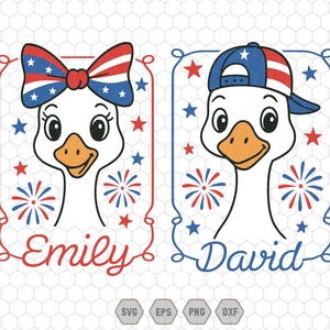 May include: Two cartoon geese with red, white, and blue patriotic themed hats and bows. The goose on the left has a red, white, and blue bow and the text "Emily" below. The goose on the right has a red, white, and blue baseball cap and the text "David" below.