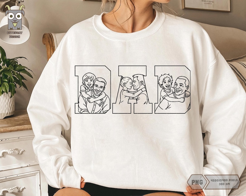 May include: White sweatshirt with the word "DAD" in a block letter design. Each letter features a black and white line drawing of a father with his children. The sweatshirt is a crew neck style.